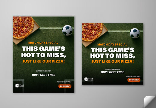 Editable Soccer Match Day Restaurant Promotion Social Media Post Template Set with Pizza Offer.