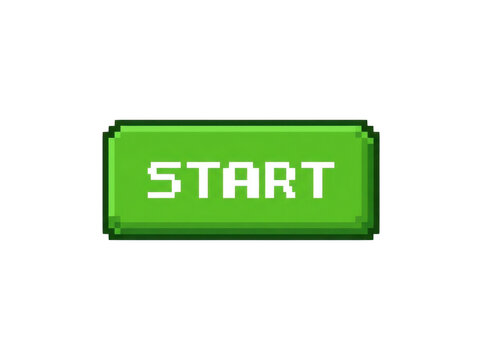 Pixelated green start button with white lettering during digital interface design isolated on transparent background