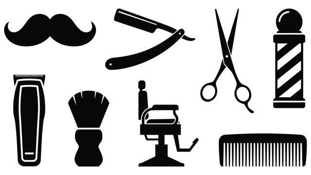 Barbershop kit vector set featuring barber tools icons including scissors, razor, comb, brush and clippers for men grooming and haircut equipment symbols