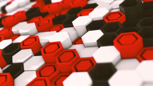 Abstract 3D geometric background with shifting red, white, and black hexagons moving in a seamless loop
