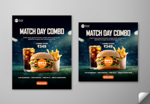 Editable Sports Match Day Restaurant Promotion Social Media Post Template Set with Food Combo Special Offers.