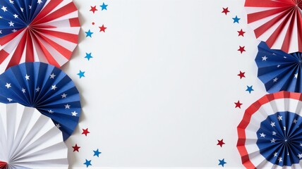 Obraz premium Red white and blue paper fans and star confetti on white background