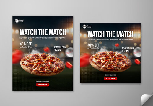 Editable Sports Match Day Restaurant Promotion Social Media Post Template Set with Food Special Offers.
