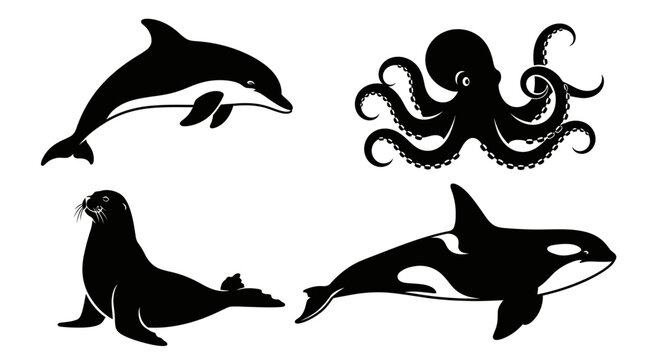 Set of marine animals silhouettes: dolphin, octopus, seal, and orca