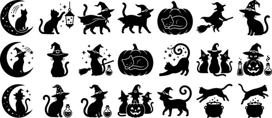Fototapeta premium Halloween icons, black cat silhouettes, witch hats, pumpkin vector set