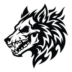 Obraz premium Black and white illustration of a wolf head with sharp teeth and flames animal icon