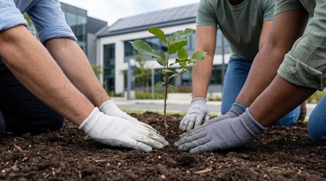 Volunteers planting tree sapling in soil, environmental conservation, community service, teamwork, sustainability, nature protection, gardening activity