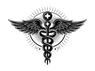 Fototapeta premium Circular Medical Emblem featuring caduceus symbol with wings and radiant rays on white background representing healthcare and medicine concept