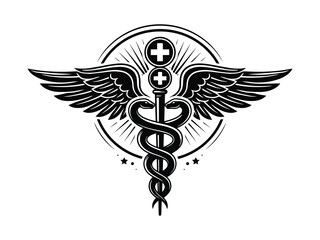 Fototapeta premium Circular Medical Emblem featuring caduceus symbol with wings and radiant rays on white background representing healthcare and medicine concept