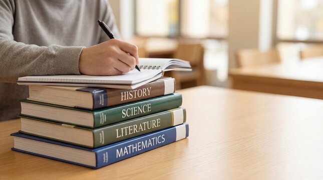 Student studying with stack of textbooks, education concept, history science literature mathematics, note taking, exam preparation, academic learning, school supplies
