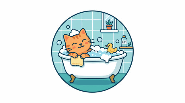 Cute orange cat taking a relaxing bubble bath in a bright blue bathroom with playful bubbles