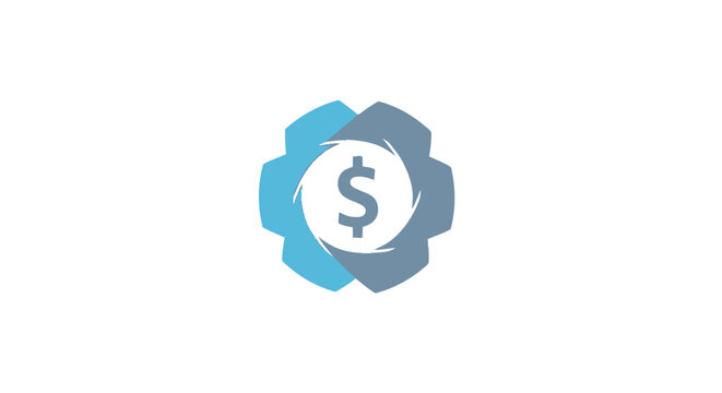Financial technology logo icon with dollar sign inside gear and swirl shapes.