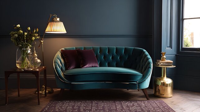 Luxurious dark green velvet sofa in elegant moody living room interior.