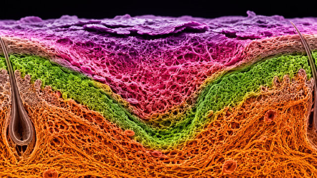 Colorized SEM cross section of skin wound healing layers showing eschar fibrin scab granulation tissue dermal repair zone neon purple crust fluorescent pink layer