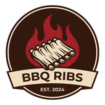 BBQ ribs logo with flames and banner on transparent background icon