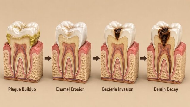 Tooth decay progression diagram showing plaque buildup, enamel erosion, bacteria invasion, and dentin decay across four labeled cross section panel stages