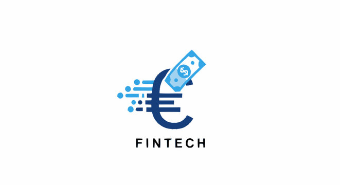 Fintech logo concept with euro symbol and digital money transfer graphic on white background.