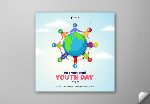 Editable 12 August International Youth Day Social Media Post Template with Diverse People Holding Hands Around the Earth Globe and Media Icons Illustration on Sky Blue Background.