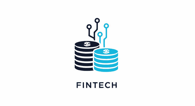 Fintech logo icon representing digital banking and financial technology with coin stacks and circuit lines.