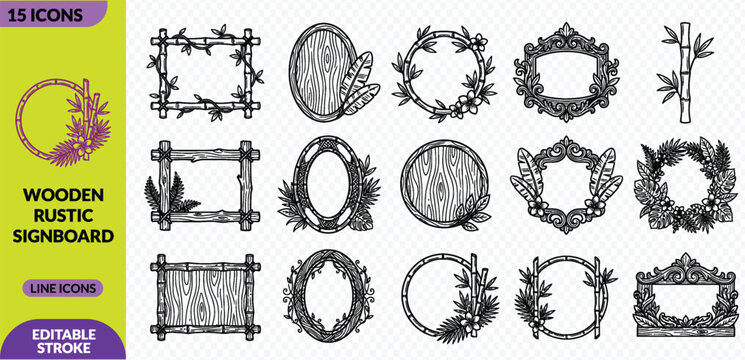 Set of rustic wooden frames and signboard borders with hand drawn sketch style designs