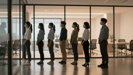 Fototapeta premium Team of professionals in face masks standing in line, adhering to safety protocols.