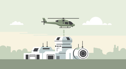 Fototapeta premium Military helicopter landing on control station, vector illustration