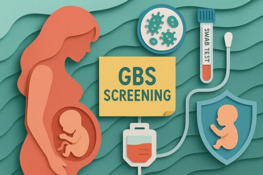 GBS screening concept for pregnant woman with fetus, bacteria swab, newborn protection, womb health, and medical test illustration