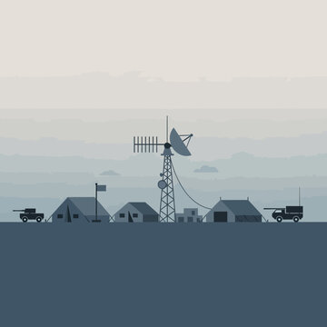 Military Outpost with Communication Tower, Tents and Vehicles, Digital Art