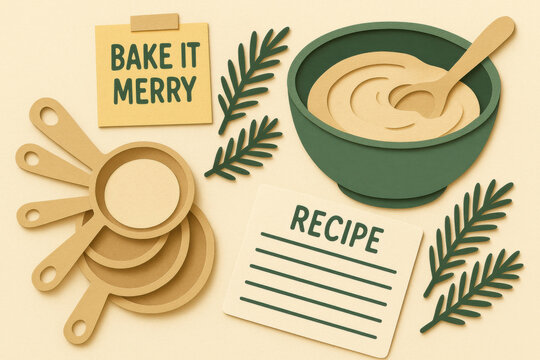 Festive baking flat lay with measuring cup, mixing bowl, recipe card, pine sprig, and sticky note on cream background for holiday meal prep