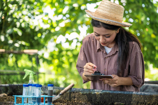 Agricultural students collect soil samples with test tubes and note for soil analysis in agricultural laboratory for farm science project. Smart agriculture experiment by young team.