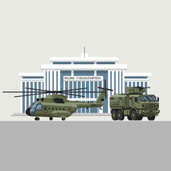Fototapeta premium Military Headquarters with Helicopter and Armored Vehicle