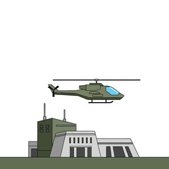 Fototapeta premium Military Helicopter Over Base, Cartoon Illustration