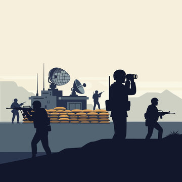 Military outpost with soldiers, surveillance, and defense.
