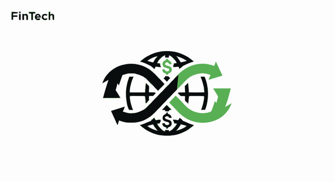 FinTech logo design representing global money transfer and currency exchange cycle on white background.