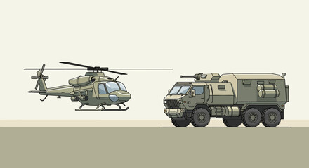 Fototapeta premium Military Helicopter and Armored Truck in Pixelated Style Illustration