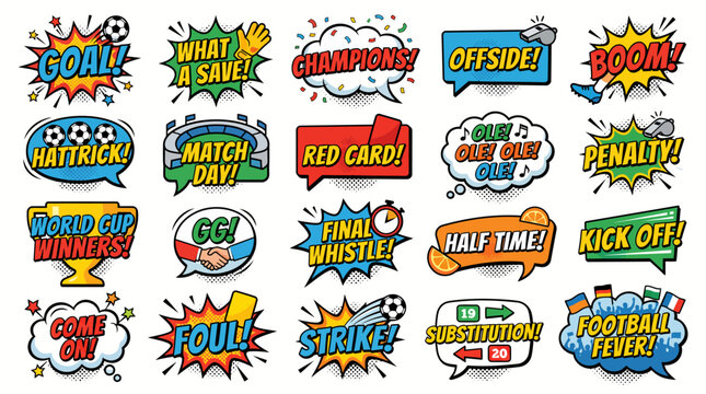 Collection of Football Soccer Game Related Comic Book Style Speech Bubbles.