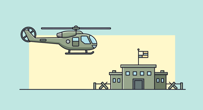 Military helicopter flies over a secure base illustration