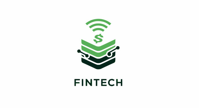 Fintech logo design with green money stack and digital signal icon on white background.