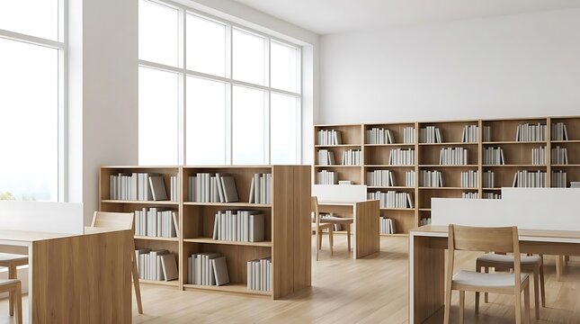 Bright modern library interior with wooden bookshelves and large windows