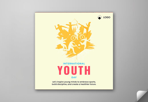 Editable International Youth Day Social Media Post Template with Sportsperson Silhouettes on Yellow Brush Stroke Effect Background.