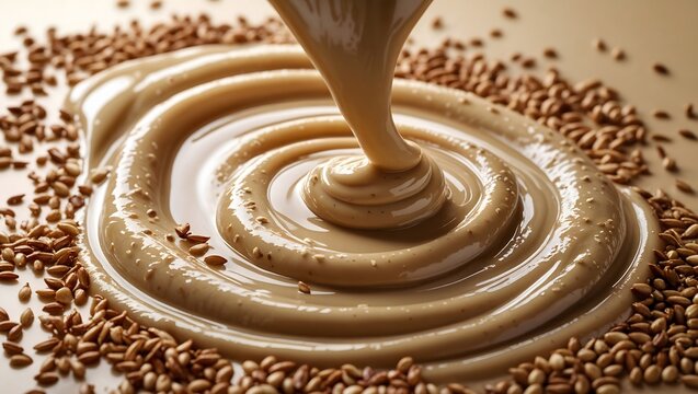 Smooth tahini paste pouring onto sesame seeds in a swirl