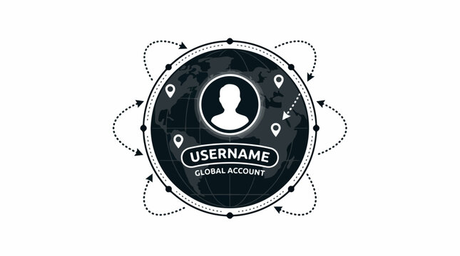 Circular profile avatar icon with a user account badge and username silhouette surrounded by orbit lines