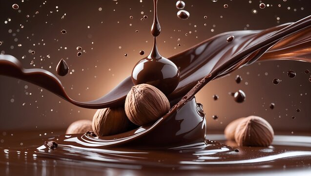 Dynamic Splash of Molten Dark Chocolate with Roasted Hazelnuts