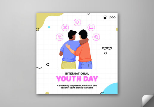 Editable International Youth Day Social Media Post Template with Youth Friendship and Line Art Icon Design on Grid Background.