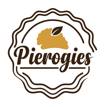 Pierogies food logo with brown lines and yellow dumpling icon icon