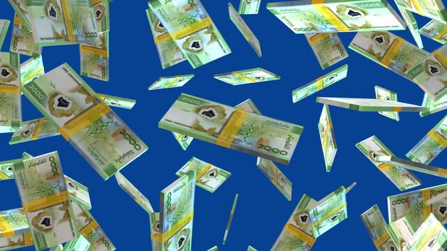 Algerian 1000 Dinar banknote packs falling loop. Algerian Dinar money note fall. 3D seamless looped isolated abstract concept of economy, finance, crisis, success and banking on Blue screen