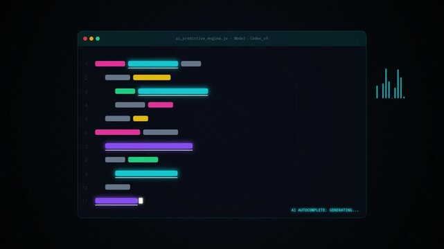 Computer programming code screen with glowing neon bars and data chart