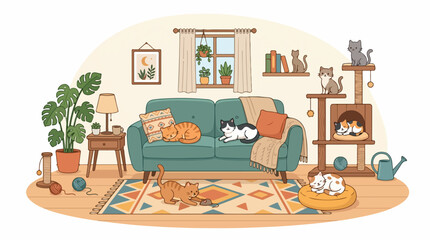 Naklejka na ściany i meble Cozy illustrated living room scene with a teal sofa, warm cushions, plants, shelves, and playful pets at home