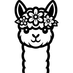 Fototapeta premium Llama face with floral crown, cute cartoon alpaca. Black and white vector with thick outlines isolated on white background