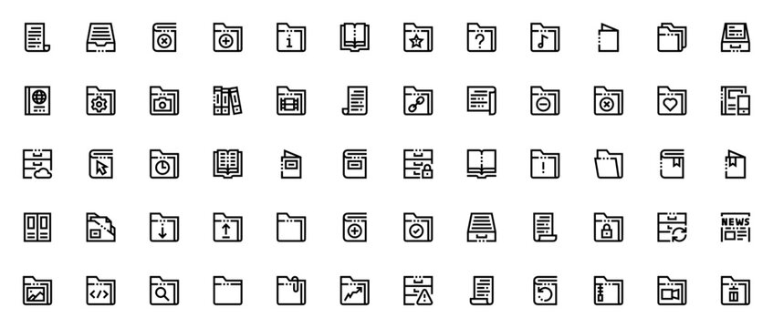 Documents icon set. Minimal line icons. Vector illustration. Featuring letter, inbox, book, folder, open book, archive, passport, binder, cabinet, agenda, newspaper, zip folder and more.